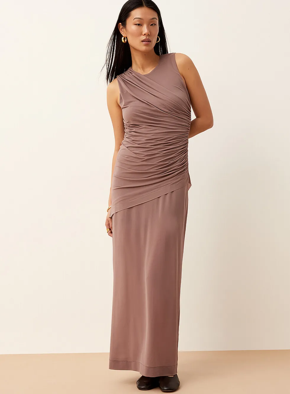 Asymmetrical ruched-waist micromesh cami