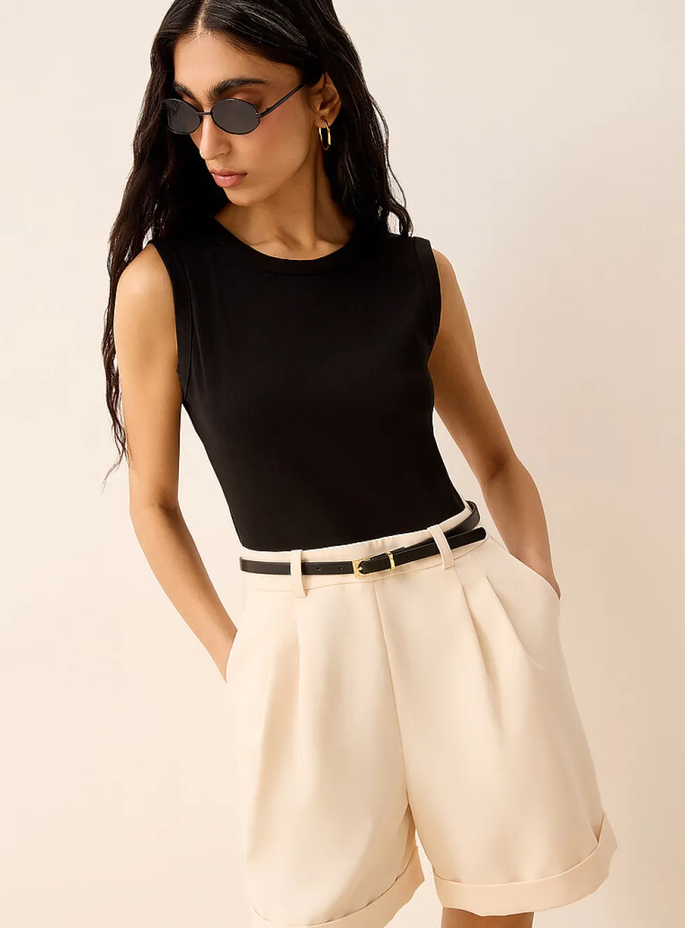 Belted mixed media sleeveless romper