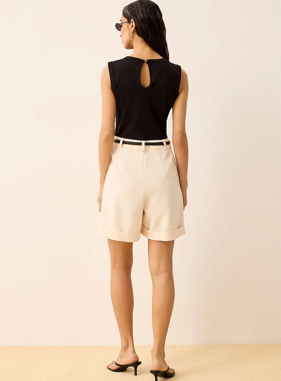 Belted mixed media sleeveless romper
