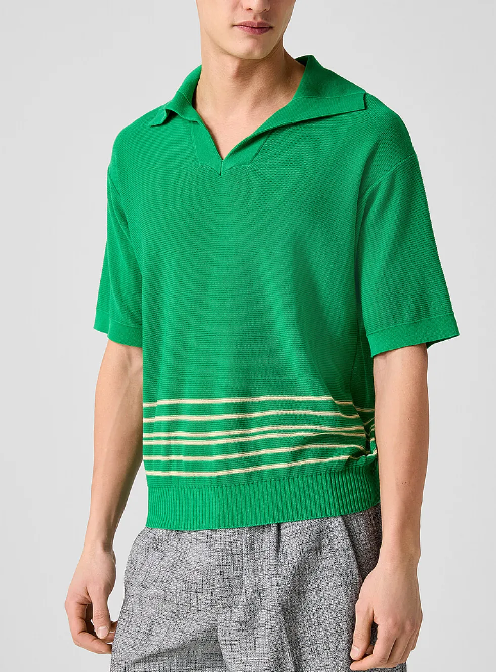 Bentgrass striped knit Johnny collar polo shirt