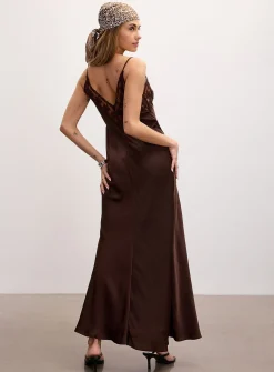 Bonita chocolate brown satin and lace maxi dress