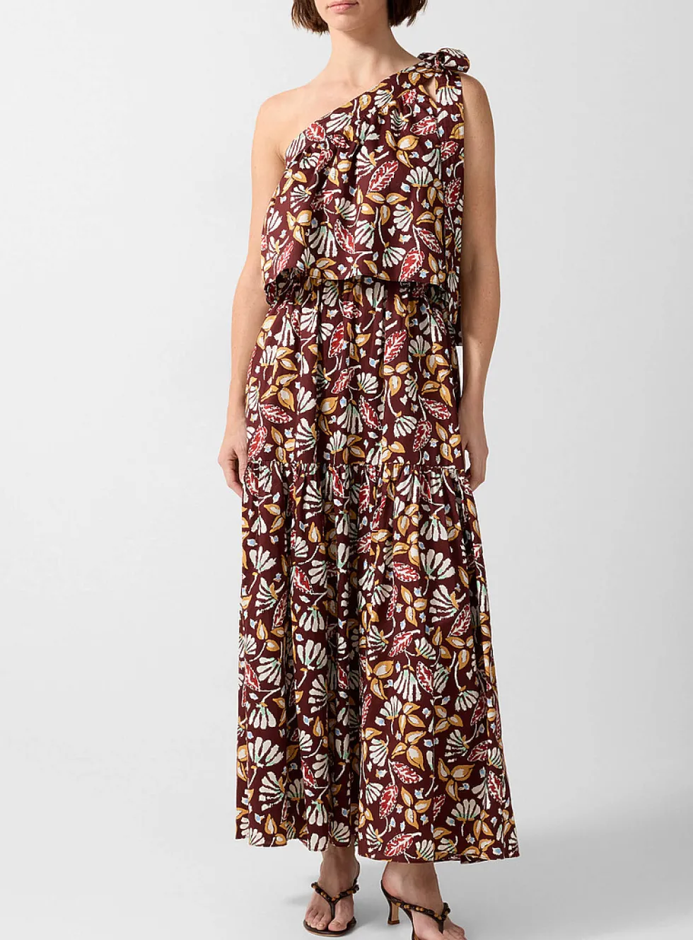 Botanical shapes tiered one-shoulder maxi dress