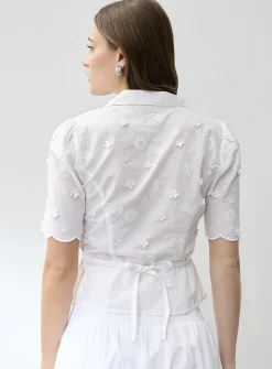 Broderie anglaise notch collar drawcord waist blouse