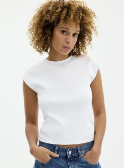 Cap-sleeve fitted ribbed T-shirt