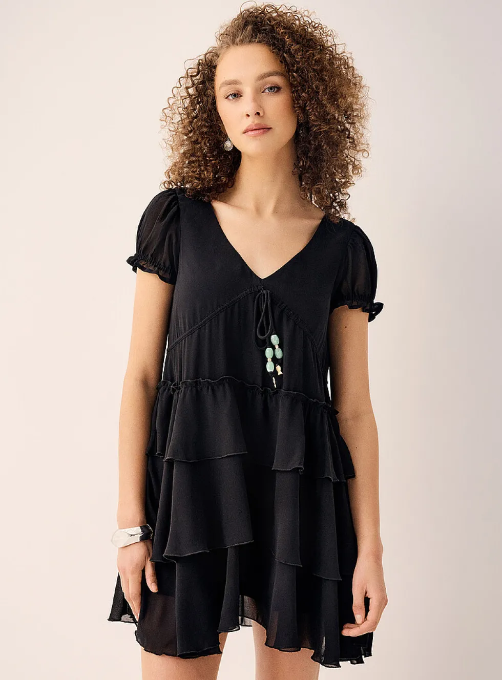 Charm cord tiered chiffon dress