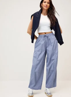 Checkered poplin barrel-leg pant