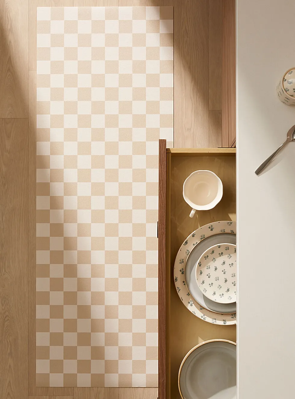 Coffee and cream checkerboard vinyl hallway mat