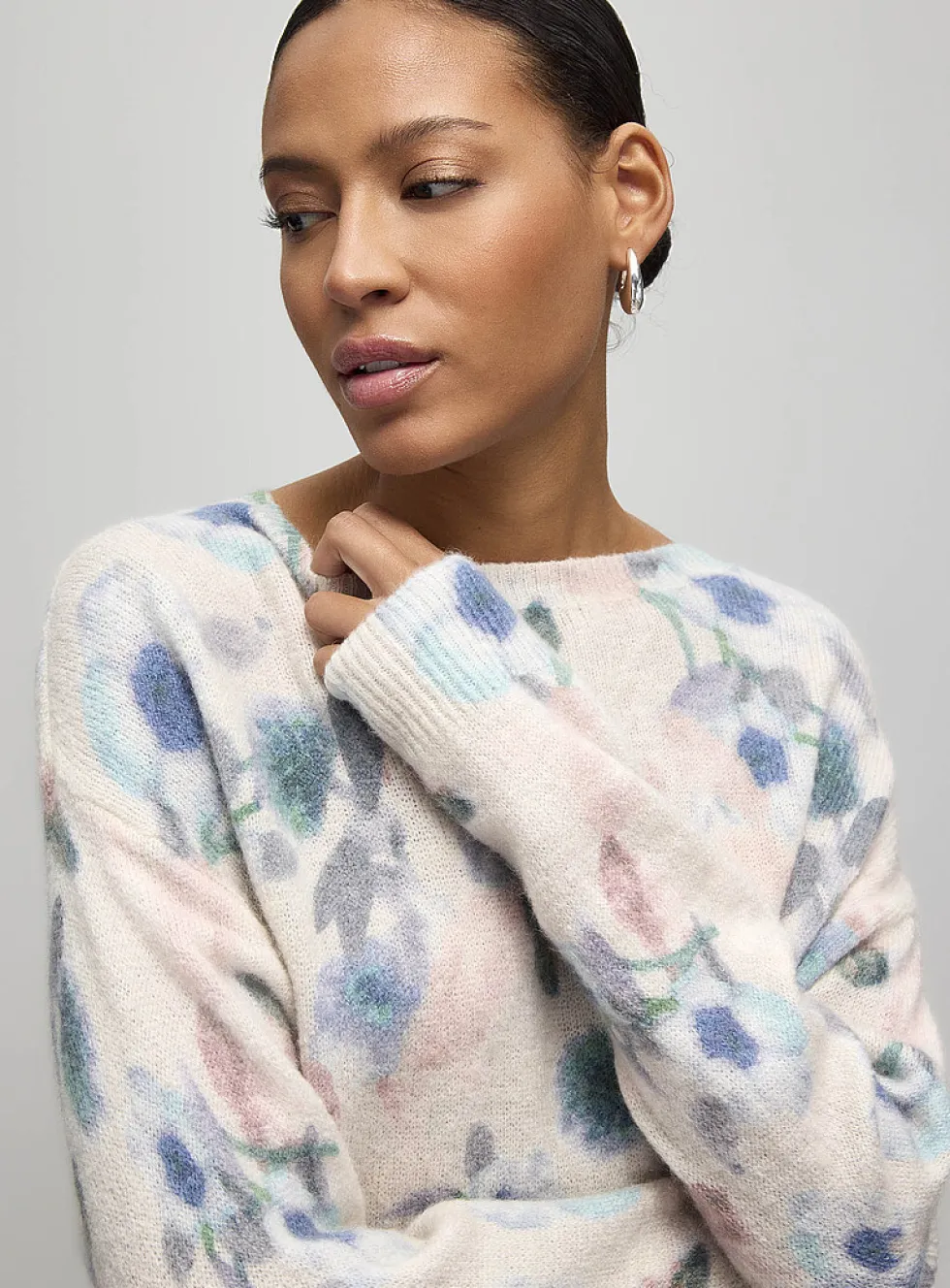 Colorful flower garden fuzzy knit sweater