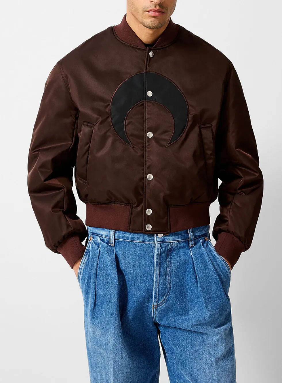 Contrasting moon chocolate brown nylon bomber jacket