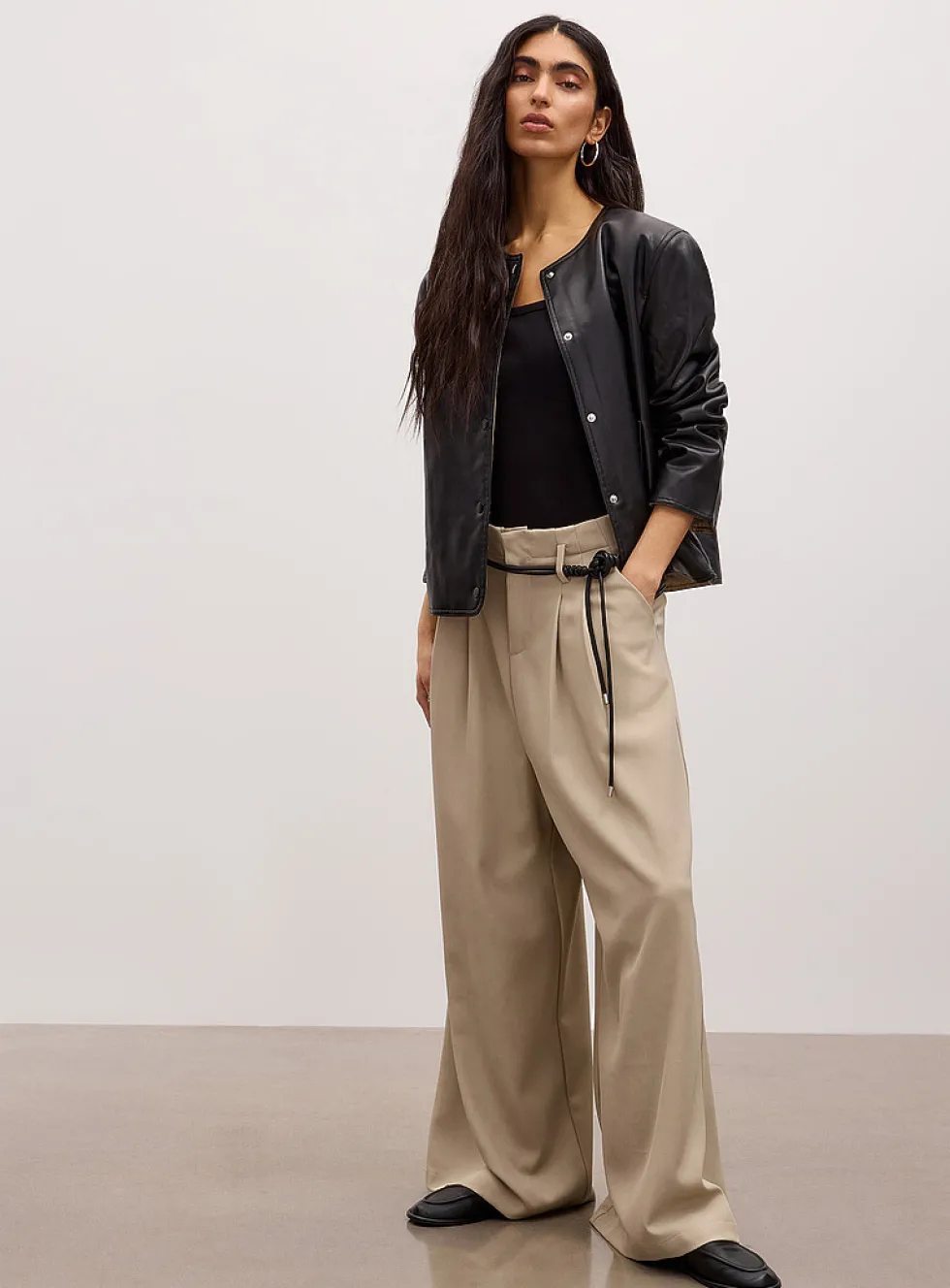 Cord belt pleated waist ultra-wide-leg pant