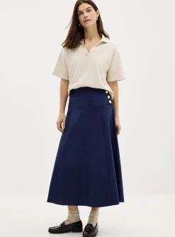 Crest buttons flared midi skirt