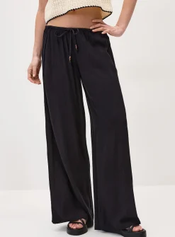 Crinkled elastic-waist wide-leg pant