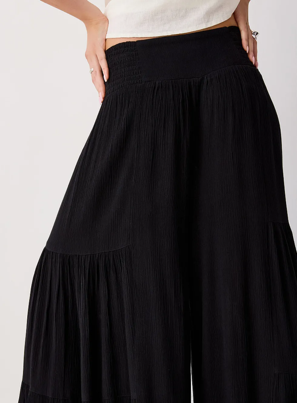 Crinkled texture tiered ultra-wide-leg pant