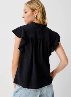 Crochet and Swiss dot ruffled collar blouse