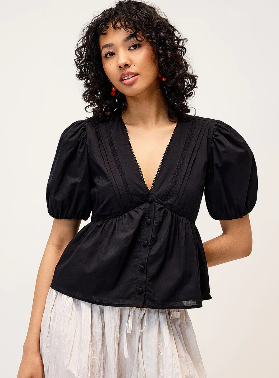 Crocheted accent poplin blouse