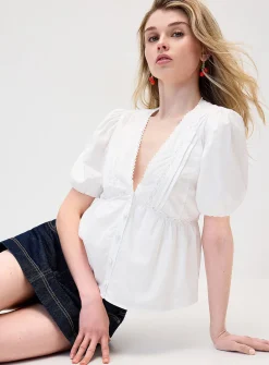 Crocheted accent poplin blouse