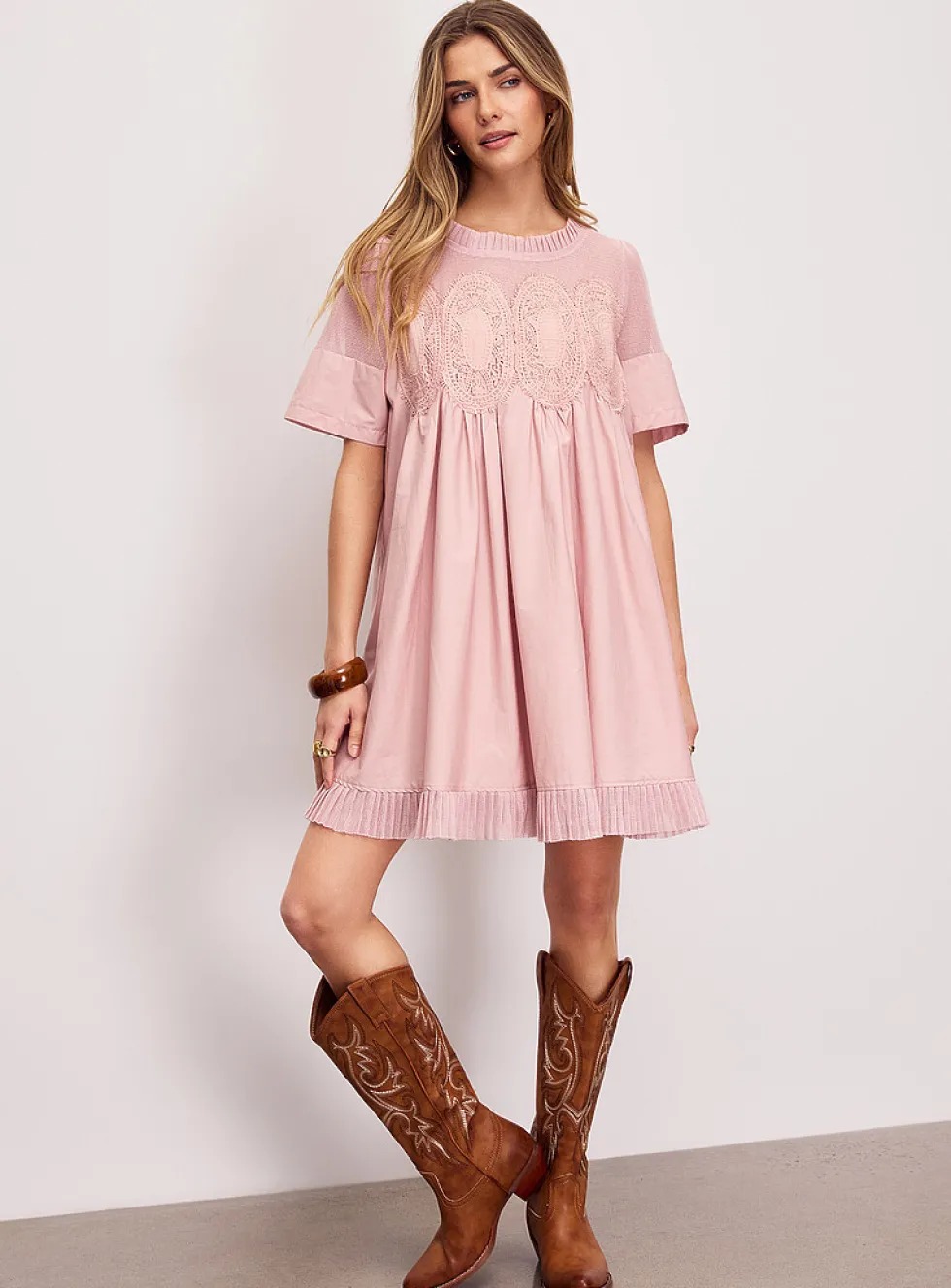 Crocheted ovals flared poplin minidress