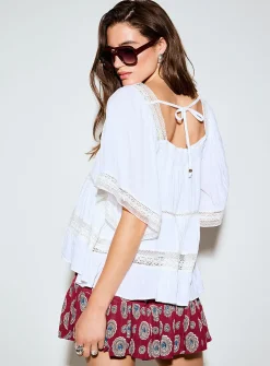 Crocheted strips square neckline blouse