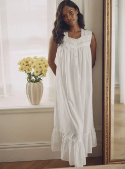 Crocheted-accent poplin long nightgown