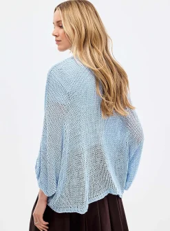 Crossover-neckline crochet-effect open sweater