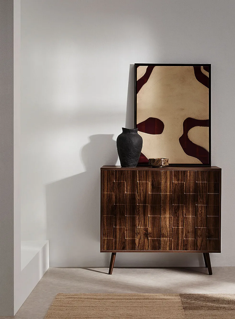 Dark walnut laminate checkered pattern double doors console