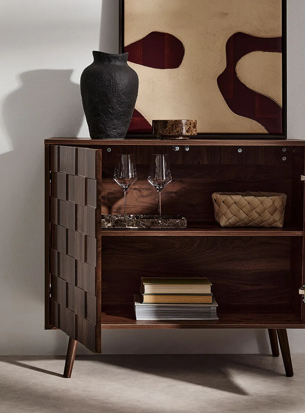 Dark walnut laminate checkered pattern double doors console