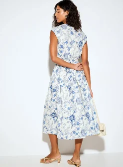 Delicate blue flowers drawstring-waist maxi dress