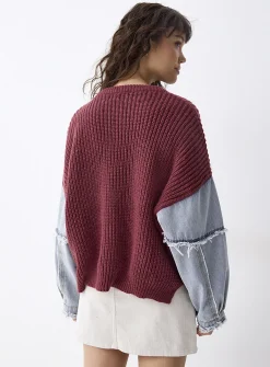 Denim sleeves two-tone knit sweater