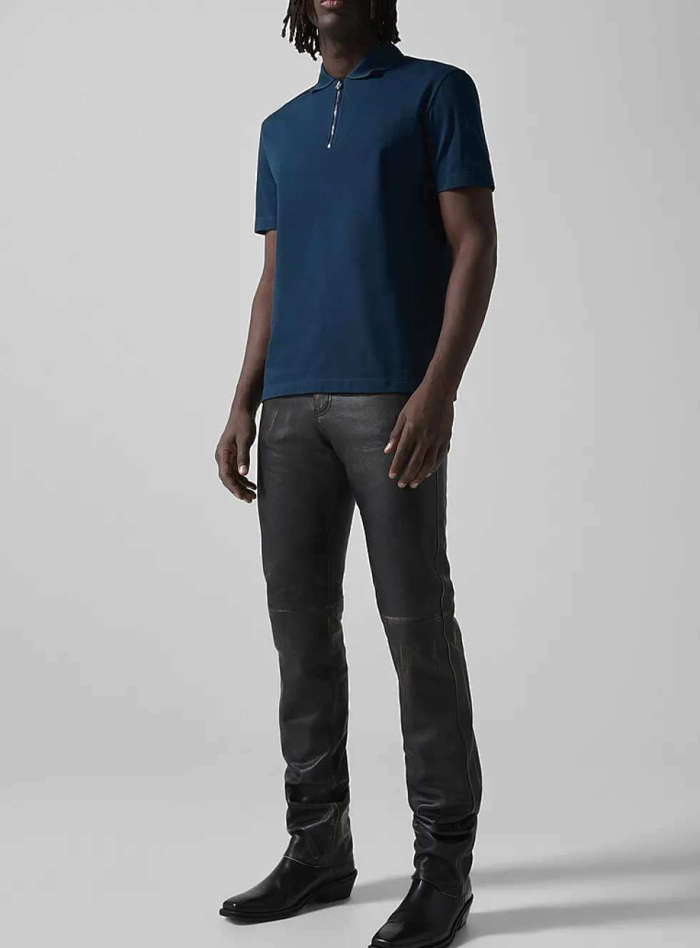 Distressed fitted grained leather pant