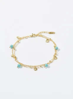 Double-row turquoise and seashell ankle chain