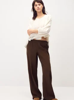 Drawcord waist linen-blend wide-leg pant