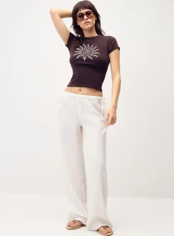 Drawcord waist linen-blend wide-leg pant
