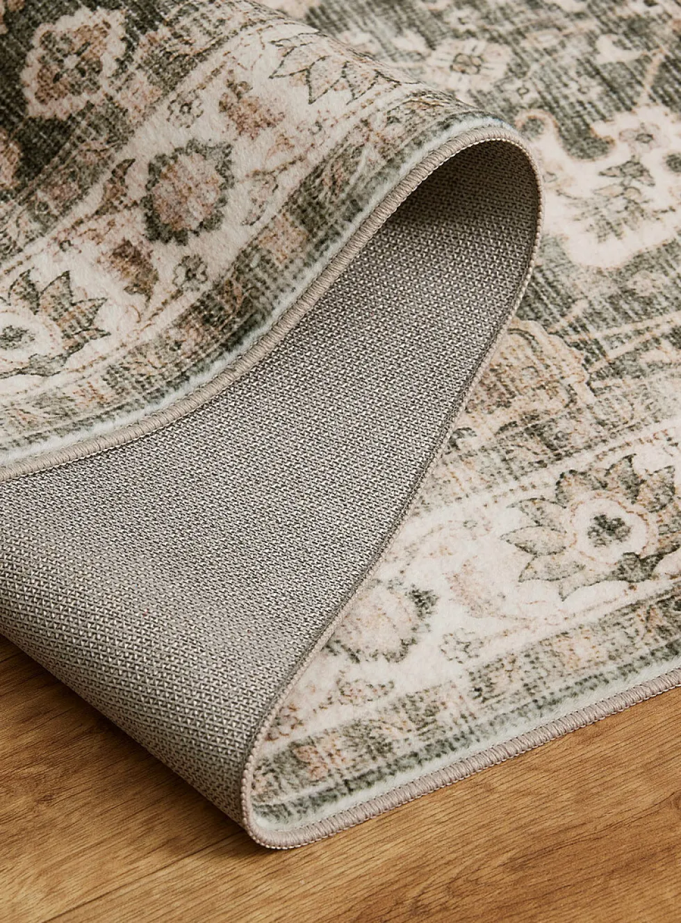 Ecru and green ultra-soft Persian-style hallway rug