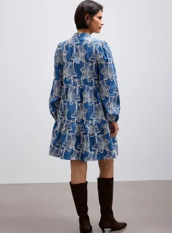 Embroidered faux-denim tiered dress