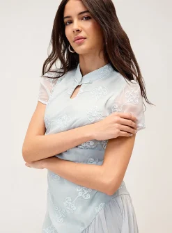 Embroidered flower buttoned-collar maxi dress