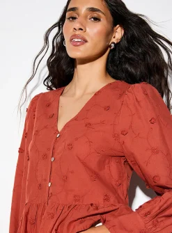 Embroidered flowers cotton voile V-neck blouse
