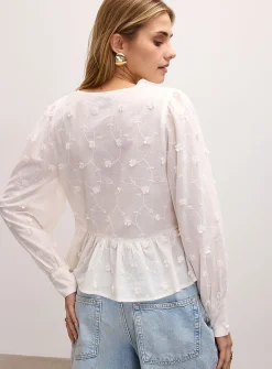 Embroidered flowers cotton voile V-neck blouse