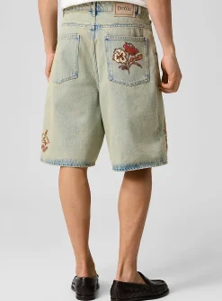 Embroidered flowers faded jean Bermuda short