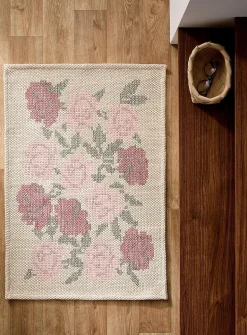 Embroidered flowers woven rug