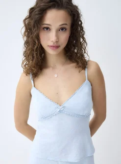 Embroidered lace and linen cami