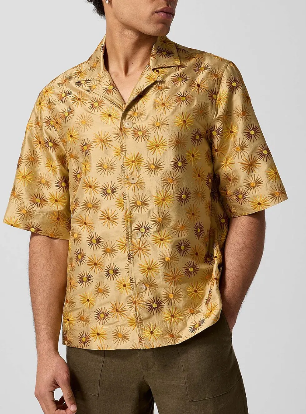 Embroidered suns pure silk cabana shirt