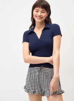 Fine ribbing Johnny collar T-shirt