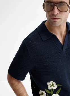 Floral embroidery Johnny collar polo
