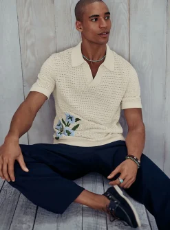 Floral embroidery Johnny collar polo