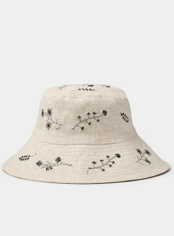Floral embroidery pure linen bucket hat