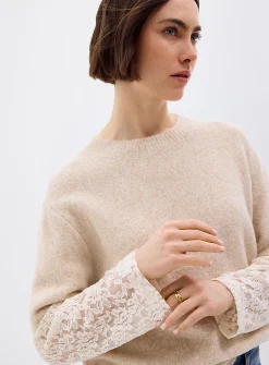 Floral lace sleeves fuzzy sweater