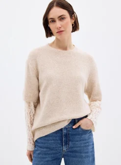 Floral lace sleeves fuzzy sweater