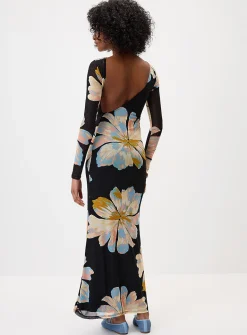 Floral mesh open-back maxi dress