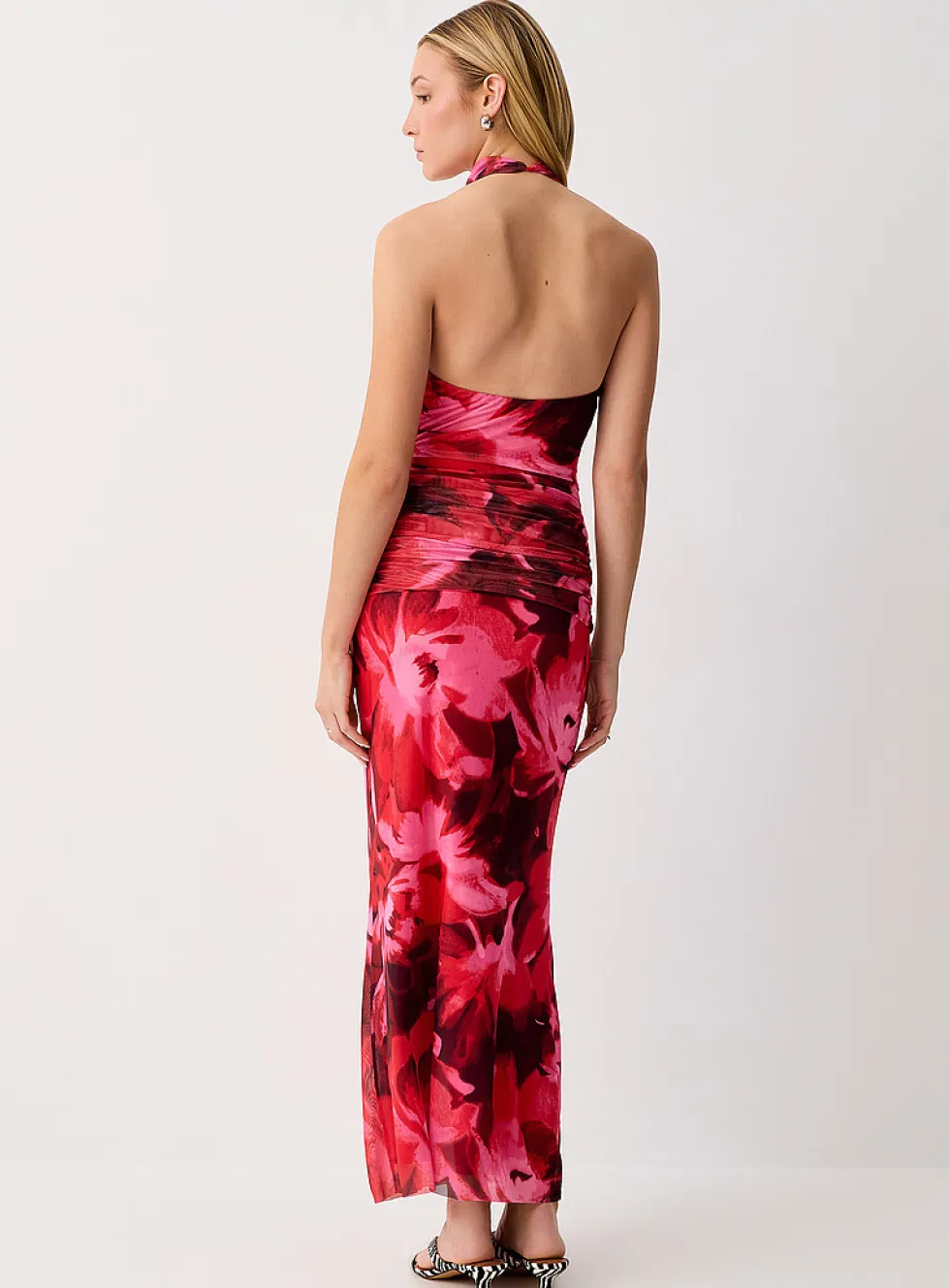 Floral micromesh ruched waist halter dress