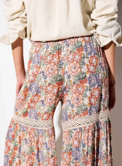 Floral pattern crocheted inserts ultra-wide-leg pant